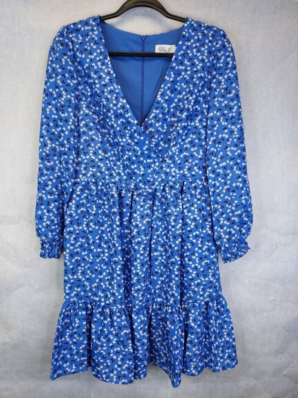 Eliza J Faux Wrap Midi Dress Women's 6 Blue Cherry Print Puff Sleeve Ruffle Hem